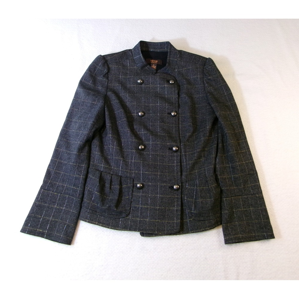 Victor Alfaro Grey Plaid Metallic Double Breasted Military Blazer Jacket Size 4